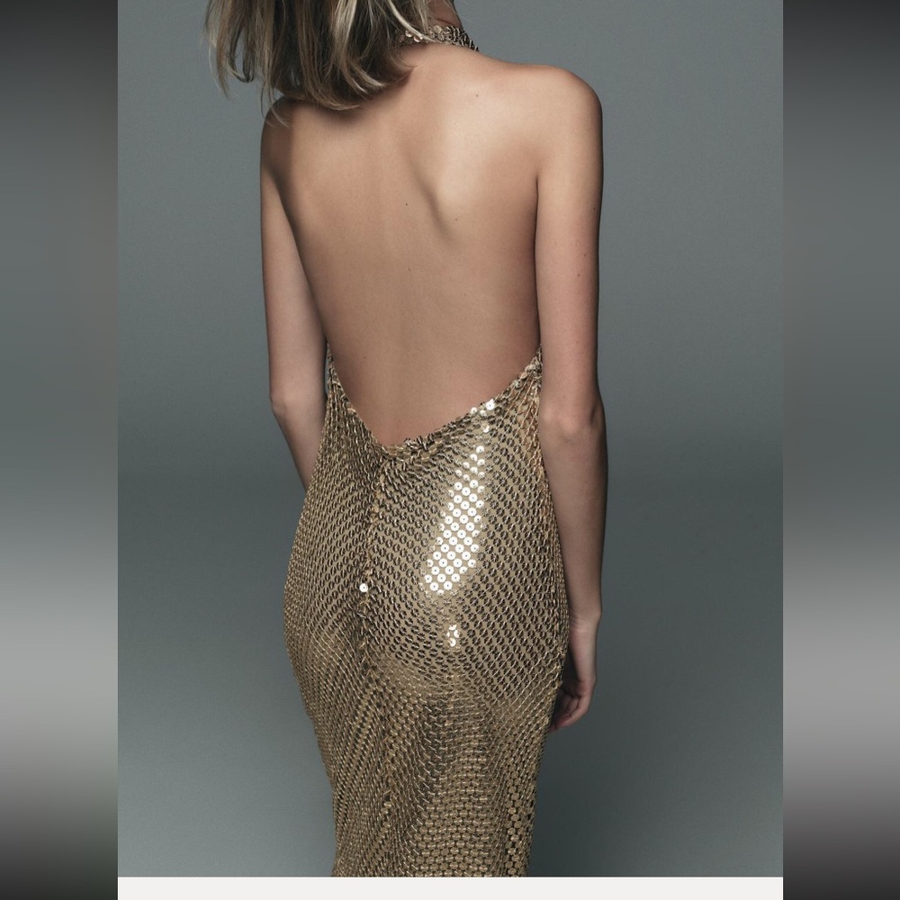 Elegant Gold Sequin Halter Dress new zara collection